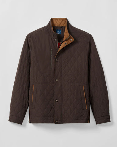 A dark brown diamond-quilted jacket with a tan interior lining and snap-button front, displayed on a neutral light gray background.