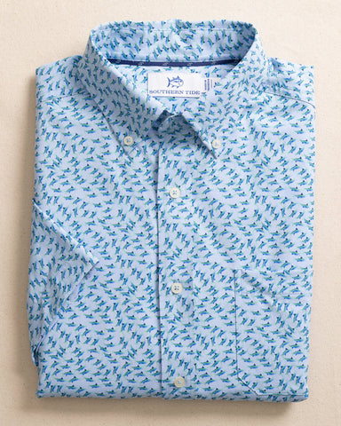 Southern Tide Intercoastal Short Sleeve Fintastic Sport Shirt - Cerulean