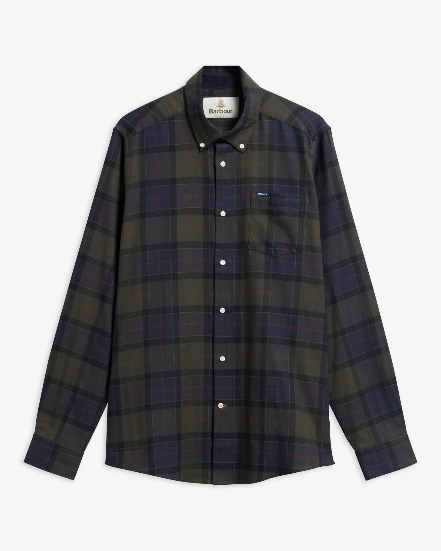 A long-sleeve plaid button-down shirt by Barret, featuring a dark green, navy, and red tartan pattern, displayed flat against a light gray background.