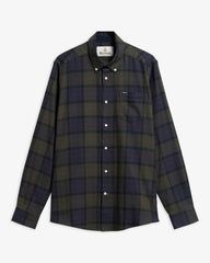 A long-sleeve plaid button-down shirt by Barret, featuring a dark green, navy, and red tartan pattern, displayed flat against a light gray background.