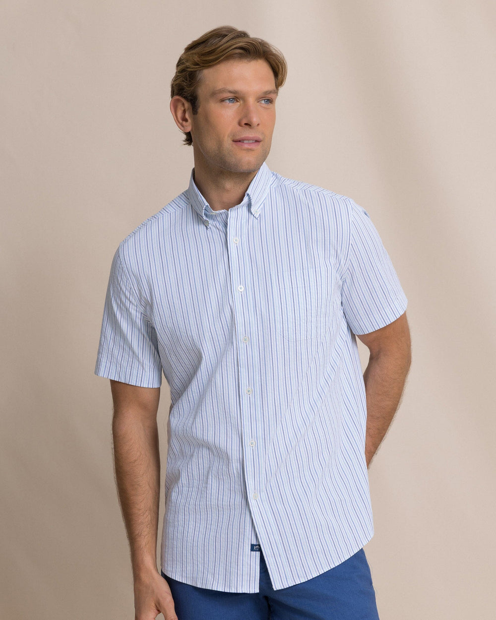 Southern Tide Coastal Breeze Marina Seersucker SS Sport Shirt - Tropical Breeze Blue