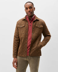 A man wearing a brown quilted overshirt jacket over a dusty red collared shirt and olive green trousers, standing against a light gray studio background.