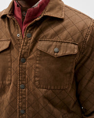 Close-up of a brown quilted corduroy-style button-front shirt jacket with chest flap pockets, worn over a burgundy collared shirt.