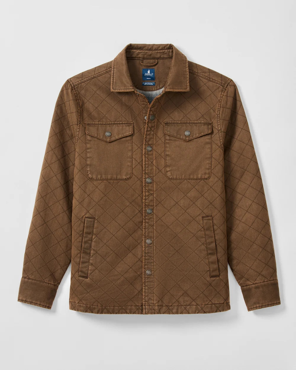 A brown quilted canvas utility jacket with a button-down front, two chest flap pockets, and two lower side pockets, displayed on a light gray background.