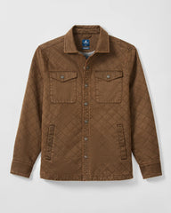 A brown quilted canvas utility jacket with a button-down front, two chest flap pockets, and two lower side pockets, displayed on a light gray background.