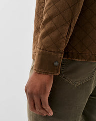 Close-up of a person wearing a brown quilted jacket with a buttoned cuff and olive green pants against a light gray studio background.