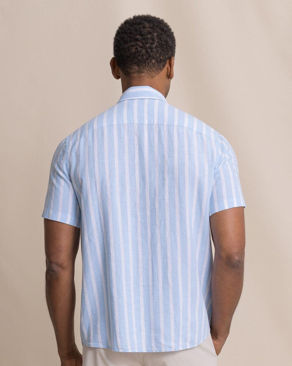 Southern Tide Short Sleeve Linen Rayon Seamark Stripe Sport Shirt - Tide Blue