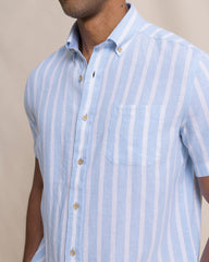 Southern Tide Short Sleeve Linen Rayon Seamark Stripe Sport Shirt - Tide Blue