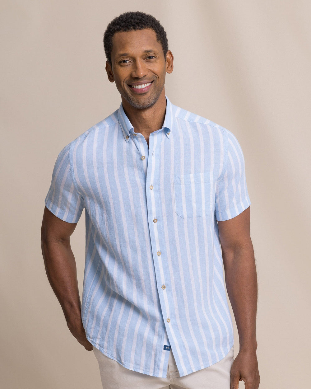 Southern Tide Short Sleeve Linen Rayon Seamark Stripe Sport Shirt - Tide Blue