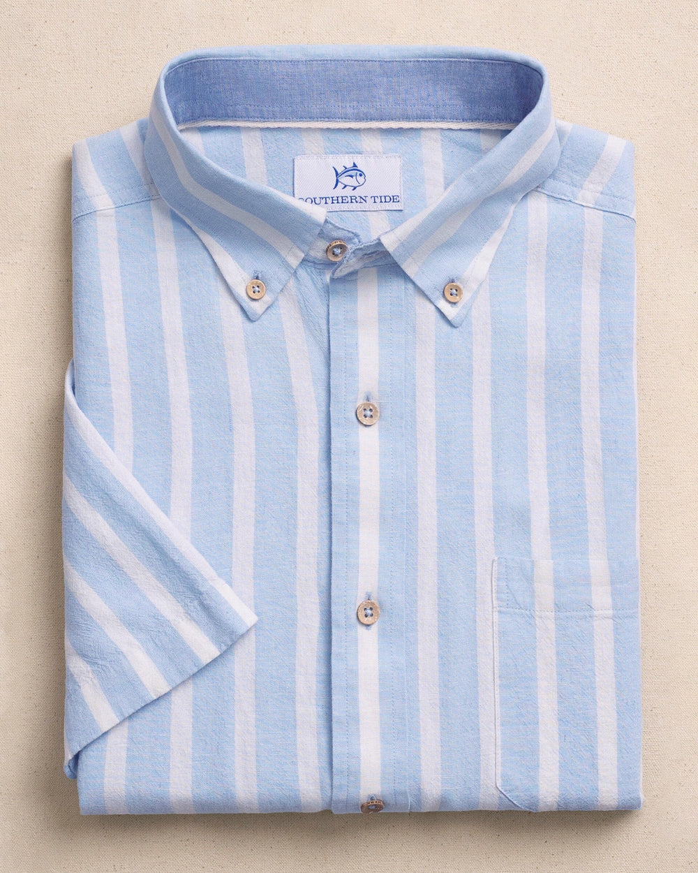 Southern Tide Short Sleeve Linen Rayon Seamark Stripe Sport Shirt - Tide Blue