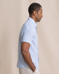 Southern Tide Short Sleeve Linen Rayon Seamark Stripe Sport Shirt - Tide Blue